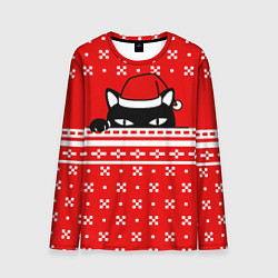Лонгслив мужской Выглядывающий котик - красный свитер, цвет: 3D-принт