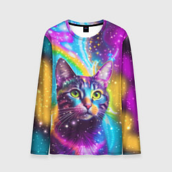 Лонгслив мужской Полосатый кот с разноцветной звездной туманностью, цвет: 3D-принт