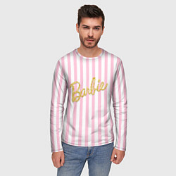 Лонгслив мужской Barbie - золотая надпись и бело-розовые полосы, цвет: 3D-принт — фото 2