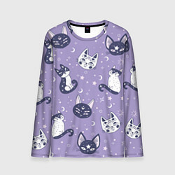 Мужской лонгслив Мистические кошечки - паттерн фиолетовый