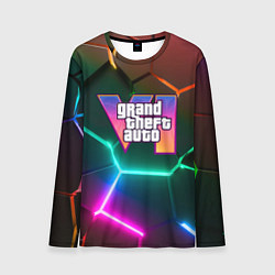 Лонгслив мужской GTA 6 лого на фоне разлома разноцветных плит, цвет: 3D-принт