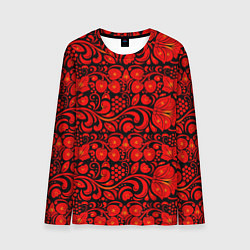 Лонгслив мужской Хохломская роспись красные цветы и ягоды на чёрном, цвет: 3D-принт