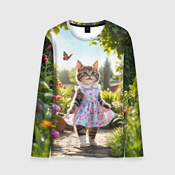 Лонгслив мужской Кошка в летнем платье в саду, цвет: 3D-принт