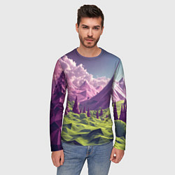 Лонгслив мужской Геометрический зеленый пейзаж и фиолетовые горы, цвет: 3D-принт — фото 2