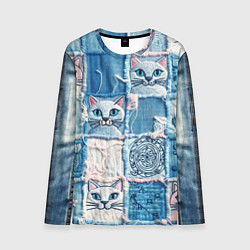 Лонгслив мужской Кошки на пэчворк джинсах паттерн, цвет: 3D-принт