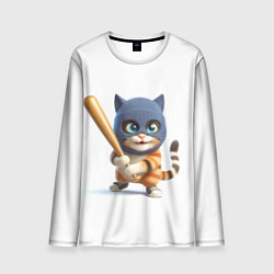 Мужской лонгслив Прикольный котёнок с бейсбольной битой и в балакла
