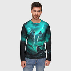 Лонгслив мужской Волки воют на луну и северное сияние, цвет: 3D-принт — фото 2