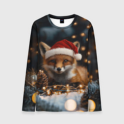 Лонгслив мужской Лисица в новогодней шапочке, цвет: 3D-принт