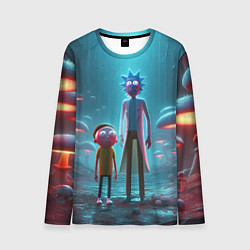 Мужской лонгслив Морти и Рик в сказочном неоновом грибном лесу