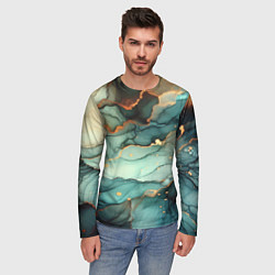Лонгслив мужской Бирюзовый узор с оранжевыми вставками, цвет: 3D-принт — фото 2