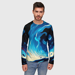 Лонгслив мужской Бело-синее пламя из абстрактных красок, цвет: 3D-принт — фото 2