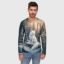 Лонгслив мужской Белый лисенок в зимнем лесу, цвет: 3D-принт — фото 2