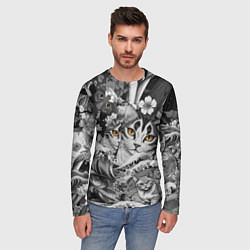 Лонгслив мужской С котами и рыбой на фоне сакуры в волнах, цвет: 3D-принт — фото 2
