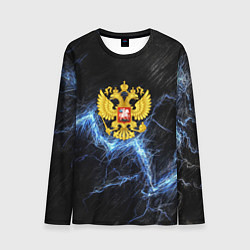 Лонгслив мужской Герб РФ на черной текстуре с синими потертостями, цвет: 3D-принт