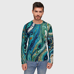 Лонгслив мужской Сине-зеленый абстрактный узор, цвет: 3D-принт — фото 2