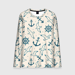 Лонгслив мужской Морской паттерн из штурвалов, чаек и якорей, цвет: 3D-принт