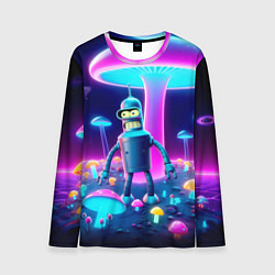 Лонгслив мужской Робот-сгибальщик Бендер на поляне неоновых грибов, цвет: 3D-принт