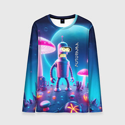 Лонгслив мужской Робот-сгибальщик Бендер и неоновые грибы, цвет: 3D-принт