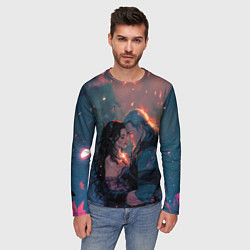 Лонгслив мужской Йеннифэр и Геральт и розовые лепестки, цвет: 3D-принт — фото 2