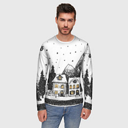 Лонгслив мужской Черно-белый новогодний город, цвет: 3D-принт — фото 2