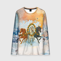 Лонгслив мужской Новогодняя тройка лошадей с мандаринами, цвет: 3D-принт