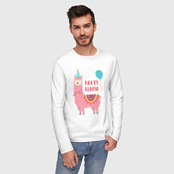 Лонгслив хлопковый мужской Party Llama, цвет: белый — фото 2