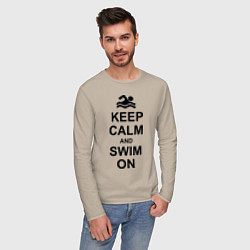 Лонгслив хлопковый мужской Keep Calm & Swim On, цвет: миндальный — фото 2