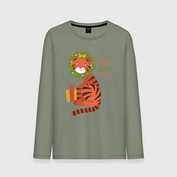 Лонгслив хлопковый мужской Новогодний Тигр, цвет: авокадо