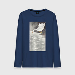 Лонгслив хлопковый мужской Geese on the Shore - Японские мотивы, цвет: тёмно-синий