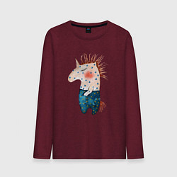 Лонгслив хлопковый мужской Конь Детский рисунок, цвет: меланж-бордовый