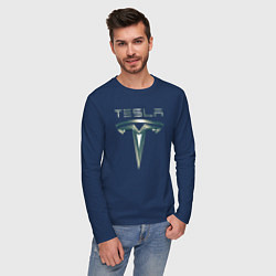 Лонгслив хлопковый мужской Tesla Logo Тесла Логотип Карбон, цвет: тёмно-синий — фото 2