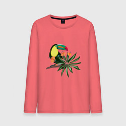 Лонгслив хлопковый мужской Птица тукан с цветами и листьями, цвет: коралловый
