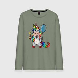 Лонгслив хлопковый мужской Праздничный единорог с тортиком, цвет: авокадо