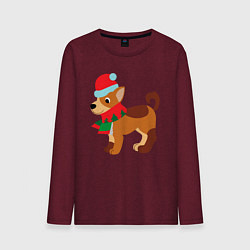 Лонгслив хлопковый мужской Праздничная собачка в шапке и шарфике, цвет: меланж-бордовый