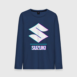 Лонгслив хлопковый мужской Значок Suzuki в стиле glitch, цвет: тёмно-синий