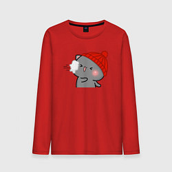 Лонгслив хлопковый мужской Игра в снежки - серый котик, цвет: красный