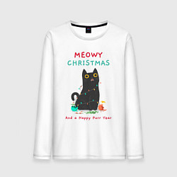 Лонгслив хлопковый мужской Meowy Christmas and a happy purr year, цвет: белый