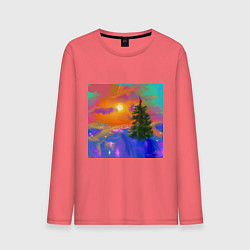 Лонгслив хлопковый мужской Новогодний пейзаж с закатом, цвет: коралловый
