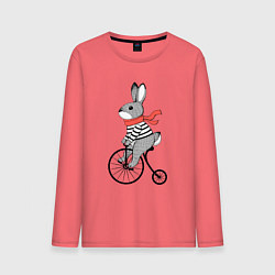 Лонгслив хлопковый мужской Заяц на велосипеде, цвет: коралловый