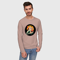 Лонгслив хлопковый мужской Большой японский кот с суши, цвет: пыльно-розовый — фото 2