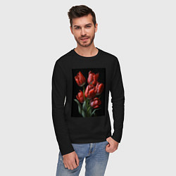 Лонгслив хлопковый мужской Букет тюльпанов, цвет: черный — фото 2