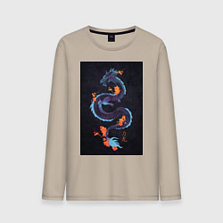 Лонгслив хлопковый мужской Синий дракон на черном фоне, цвет: миндальный