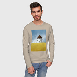 Лонгслив хлопковый мужской Ветряная мельница в поле, цвет: миндальный — фото 2