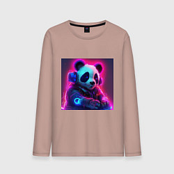 Лонгслив хлопковый мужской Диджей панда в свете неона, цвет: пыльно-розовый