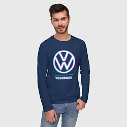 Лонгслив хлопковый мужской Значок Volkswagen в стиле glitch, цвет: тёмно-синий — фото 2