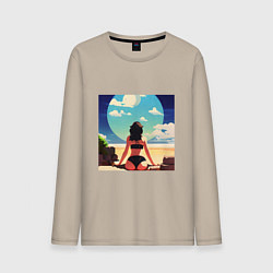 Лонгслив хлопковый мужской Девушка на пляже, цвет: миндальный