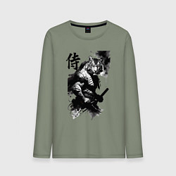 Лонгслив хлопковый мужской Tiger samurai - hieroglyph - art, цвет: авокадо