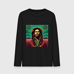 Лонгслив хлопковый мужской Digital Art Bob Marley in the field, цвет: черный