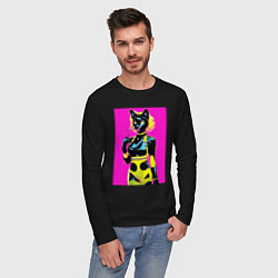 Лонгслив хлопковый мужской Black cat - fashionista - pop art - neural network, цвет: черный — фото 2