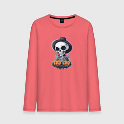 Лонгслив хлопковый мужской Скелет на Хэллоуин, цвет: коралловый
